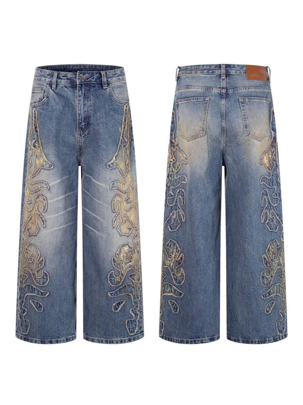 Frayed Applique Embroidery Washed Wide Leg Denim Jeans WN27833