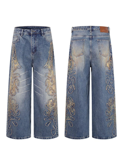 Frayed Applique Embroidery Washed Wide Leg Denim Jeans WN27833