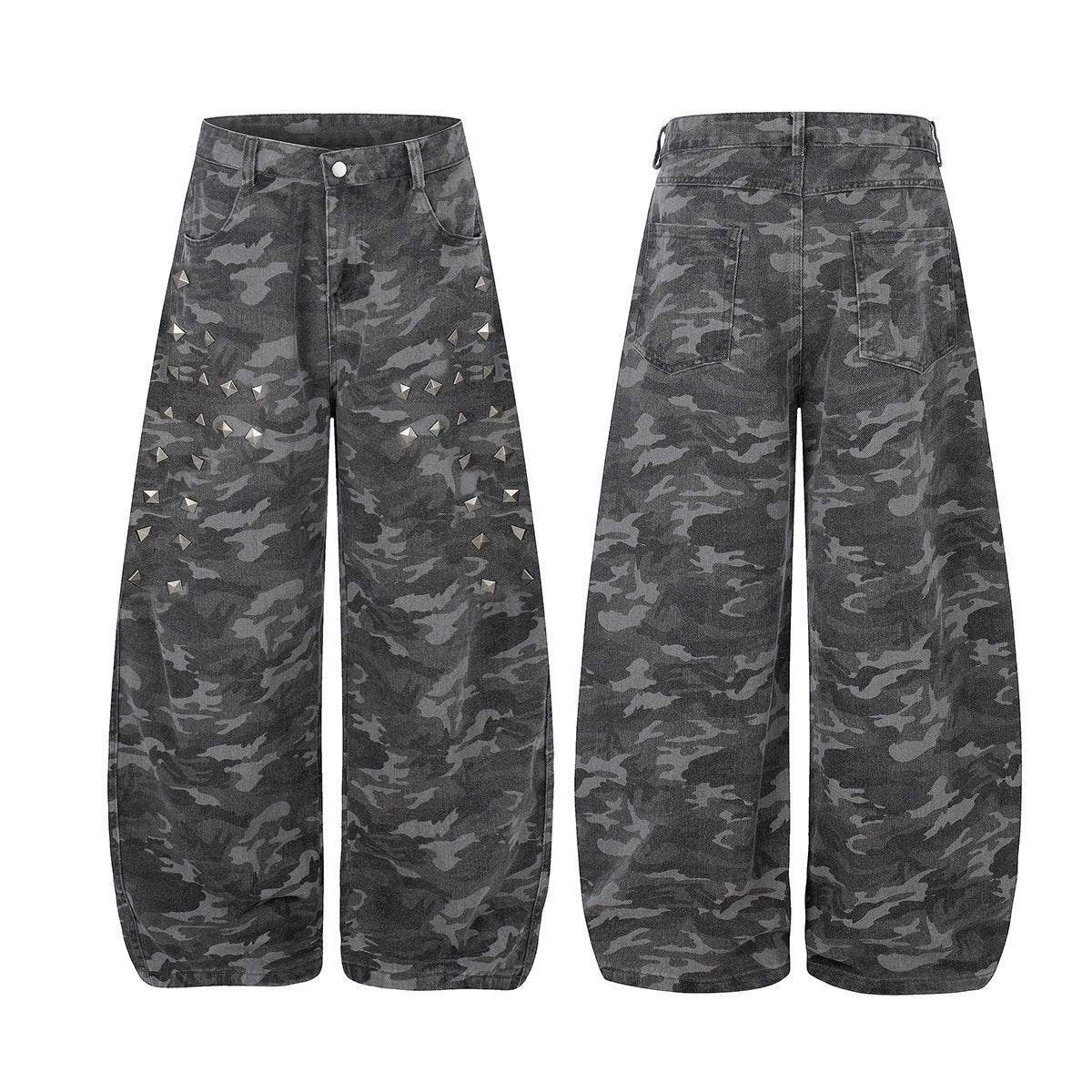 Camo Rivet Curved Wide Leg Denim Jeans WN25624