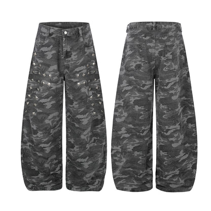 Camo Rivet Curved Wide Leg Denim Jeans WN25624