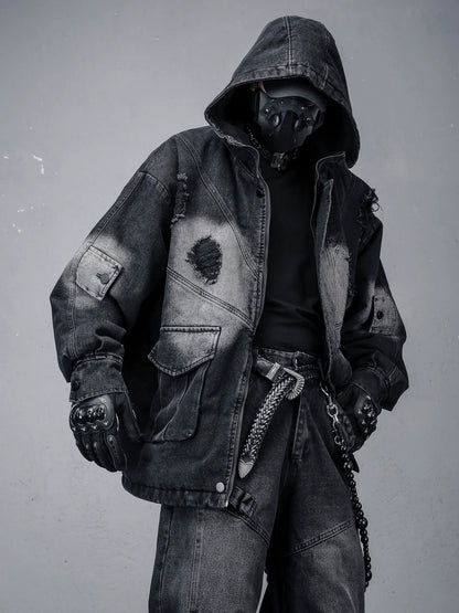 Heavy Wash Damage Hooded Denim Jacket WN22302