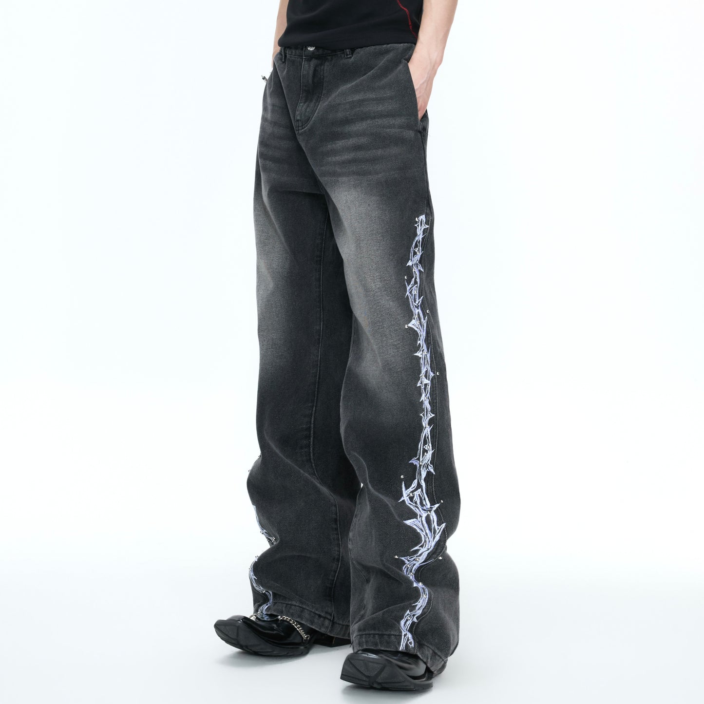 3D Embroidery Rivet Wash Wide Leg Denim Jeans WN26978