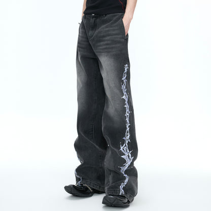 3D Embroidery Rivet Wash Wide Leg Denim Jeans WN26978