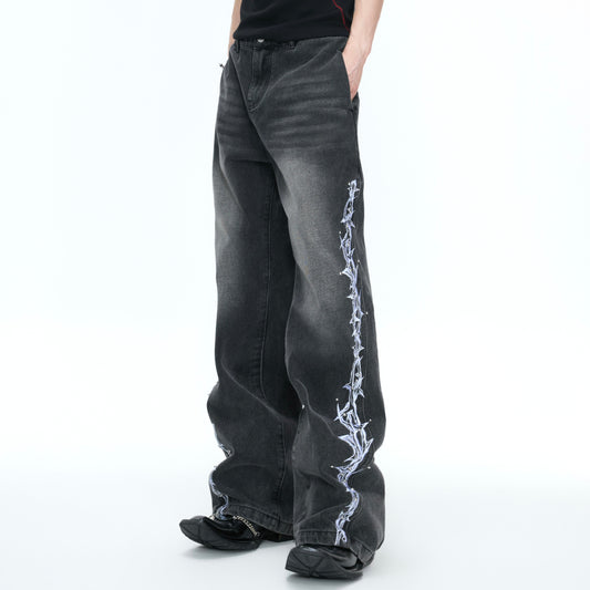 3D Embroidery Rivet Wash Wide Leg Denim Jeans WN26978