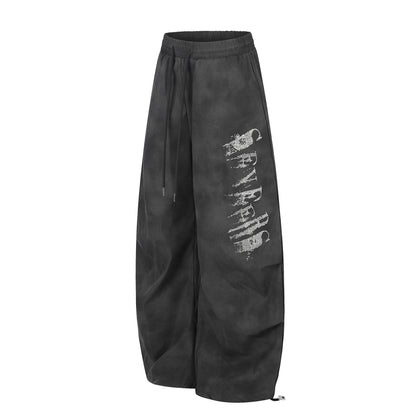 Washed Letter Print Drawstring Wide Leg Pants WN25389