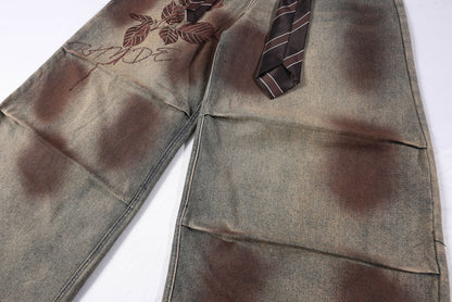 Washed Rose Embroidery Wide Leg Curved Denim Jeans WN25865