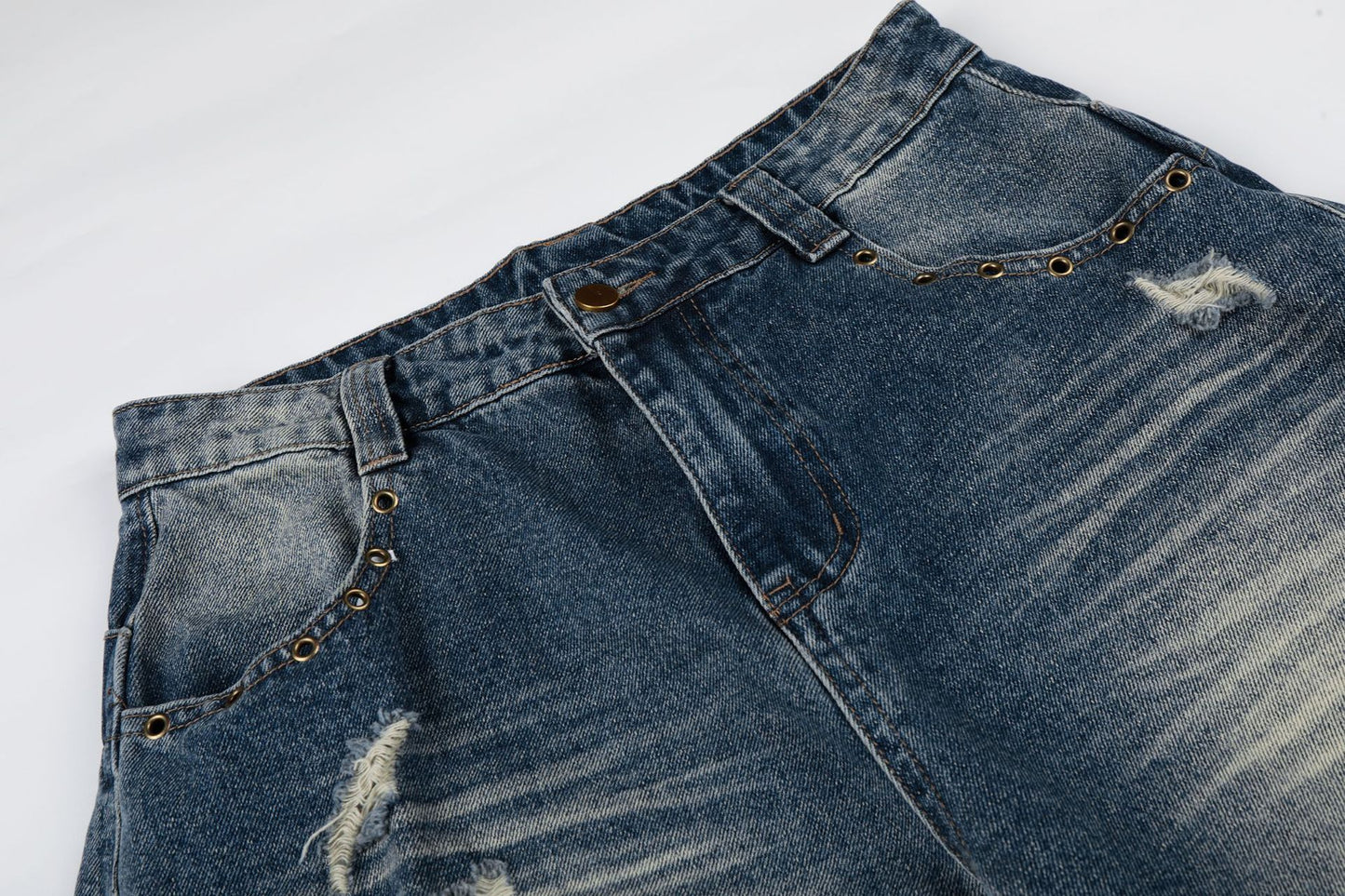 Wash Rivet Damage Wide Leg Denim Jeans WN25573
