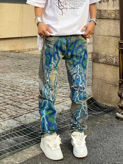 Lightning Print Damage Washed Wide Leg Denim Jeans WN24132