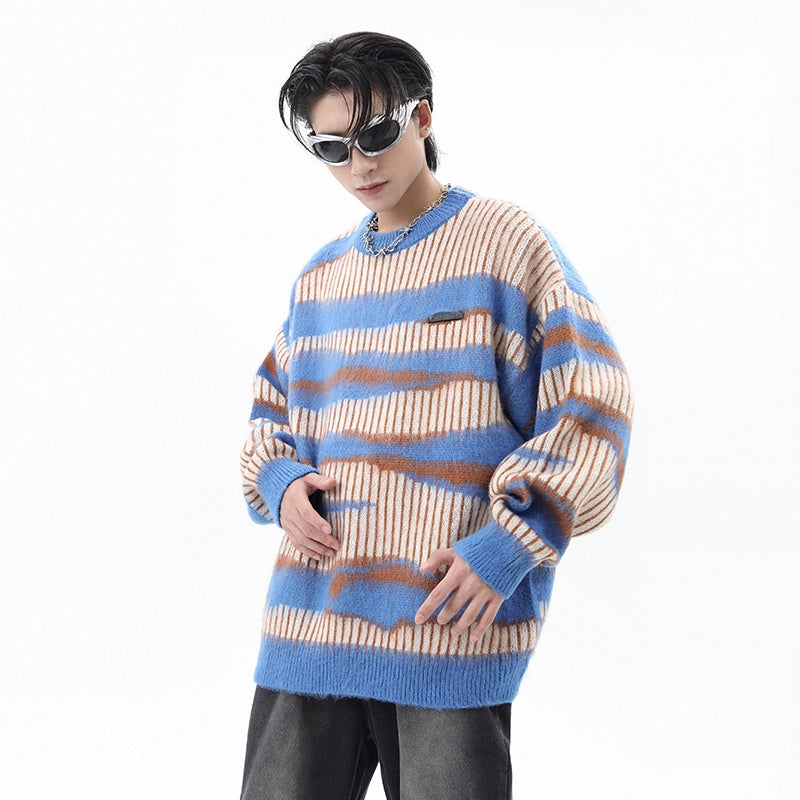 Stripe Shaggy Oversize Knit Sweater WN10403