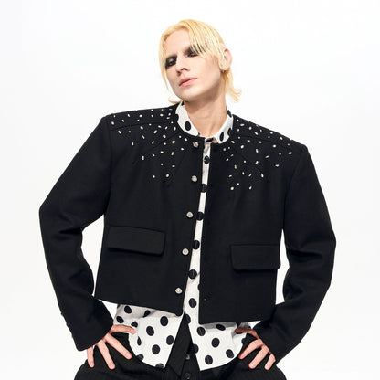 Shoulder-Pad Rhinestone Wool Short Jacket WN22125