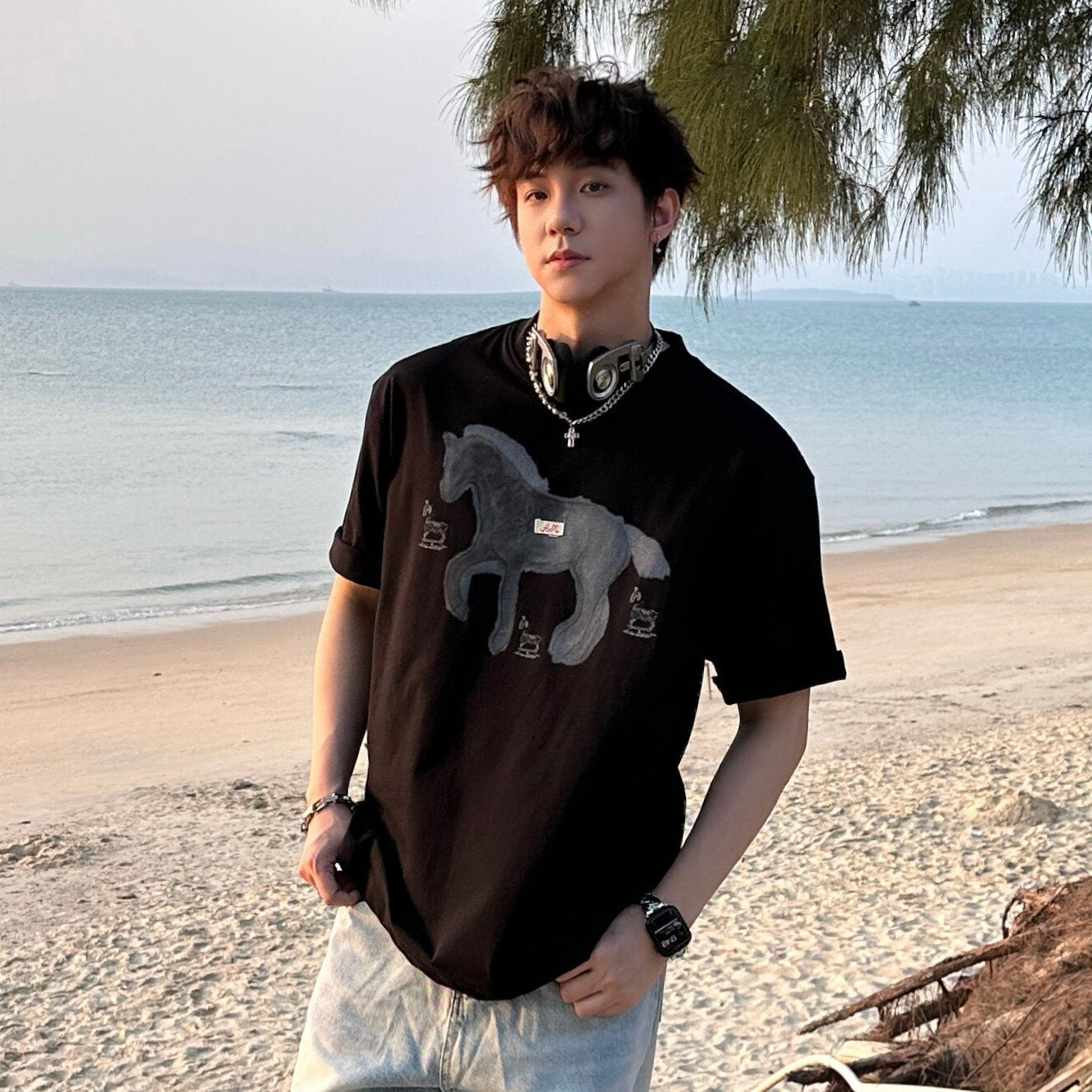 Horse Print Cotton Oversize Short Sleeve T-Shirt WN25253