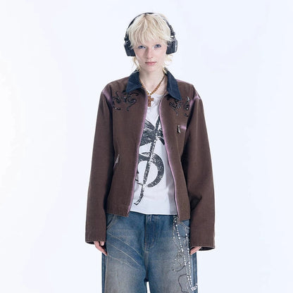 Patchwork Collar Sequin Embroidery Spray Wash Jacket WN18932