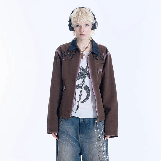 Patchwork Collar Sequin Embroidery Spray Wash Jacket WN18932