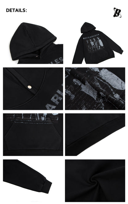 Washed Rock Band Print Boxy Pullover Hoodie WN26386