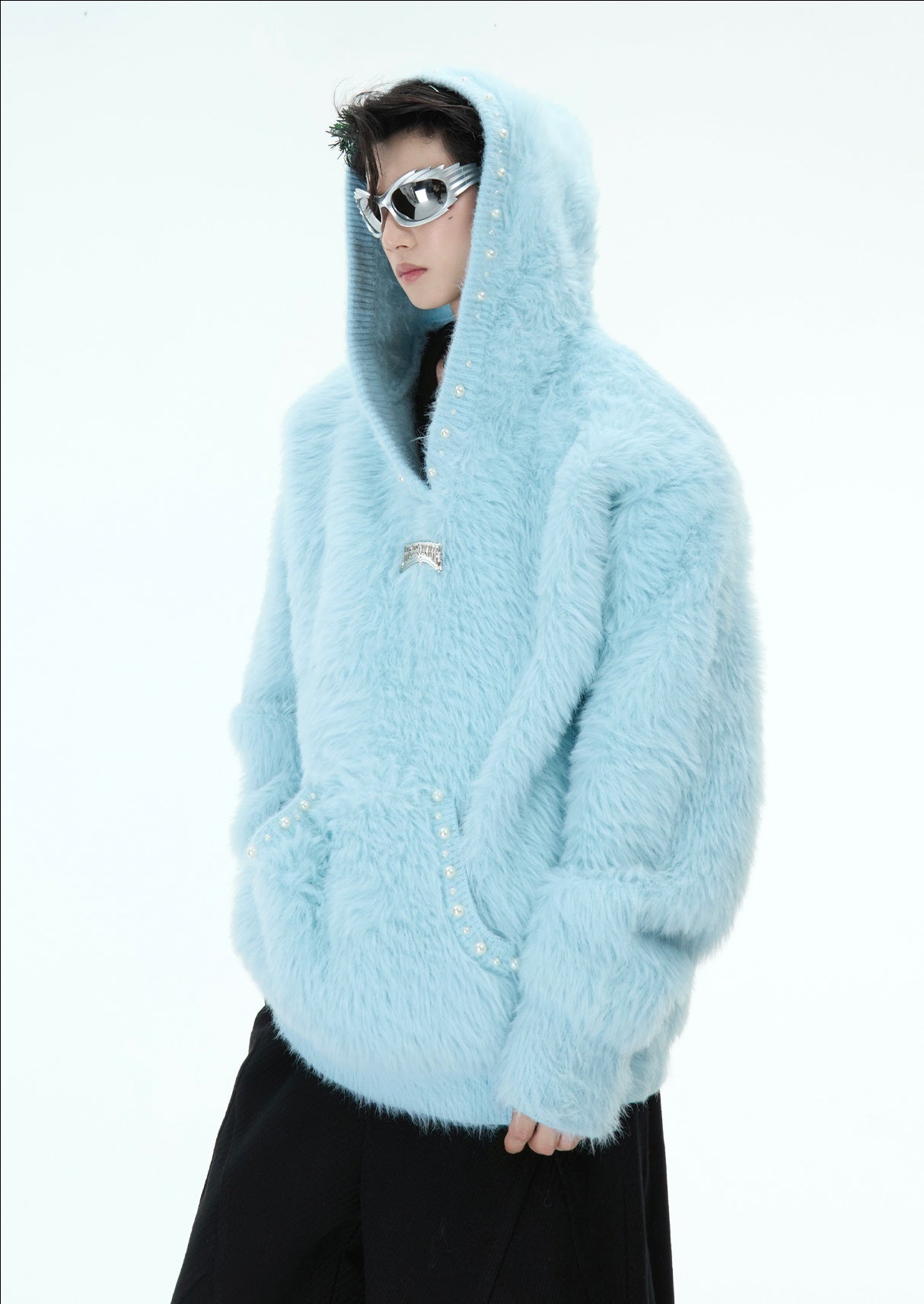 Pearl-Embellished Furry Hooded Knit Sweater WN11614