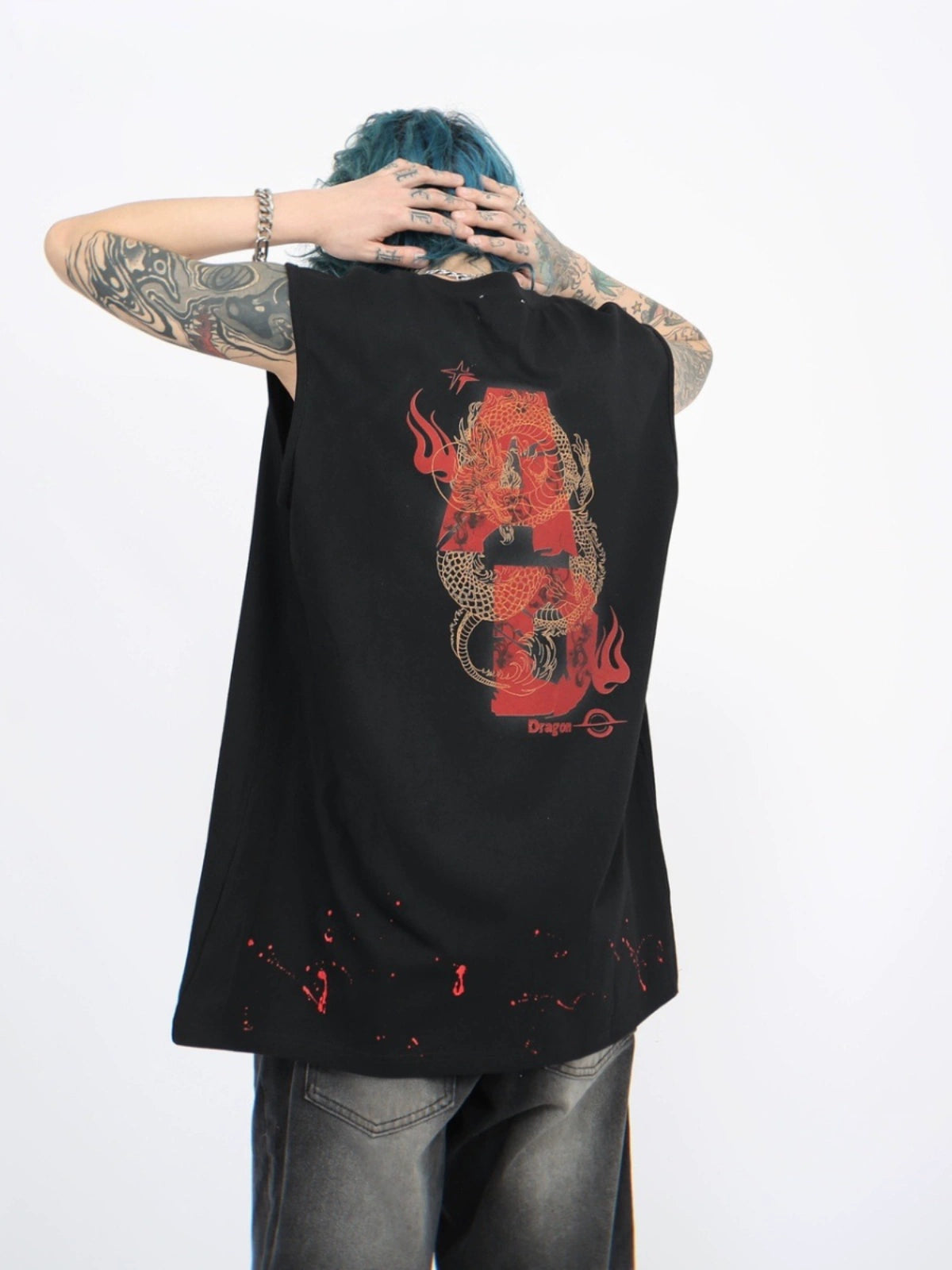Dragon Print Design Oversize Sleeveless T-Shirt WN5294