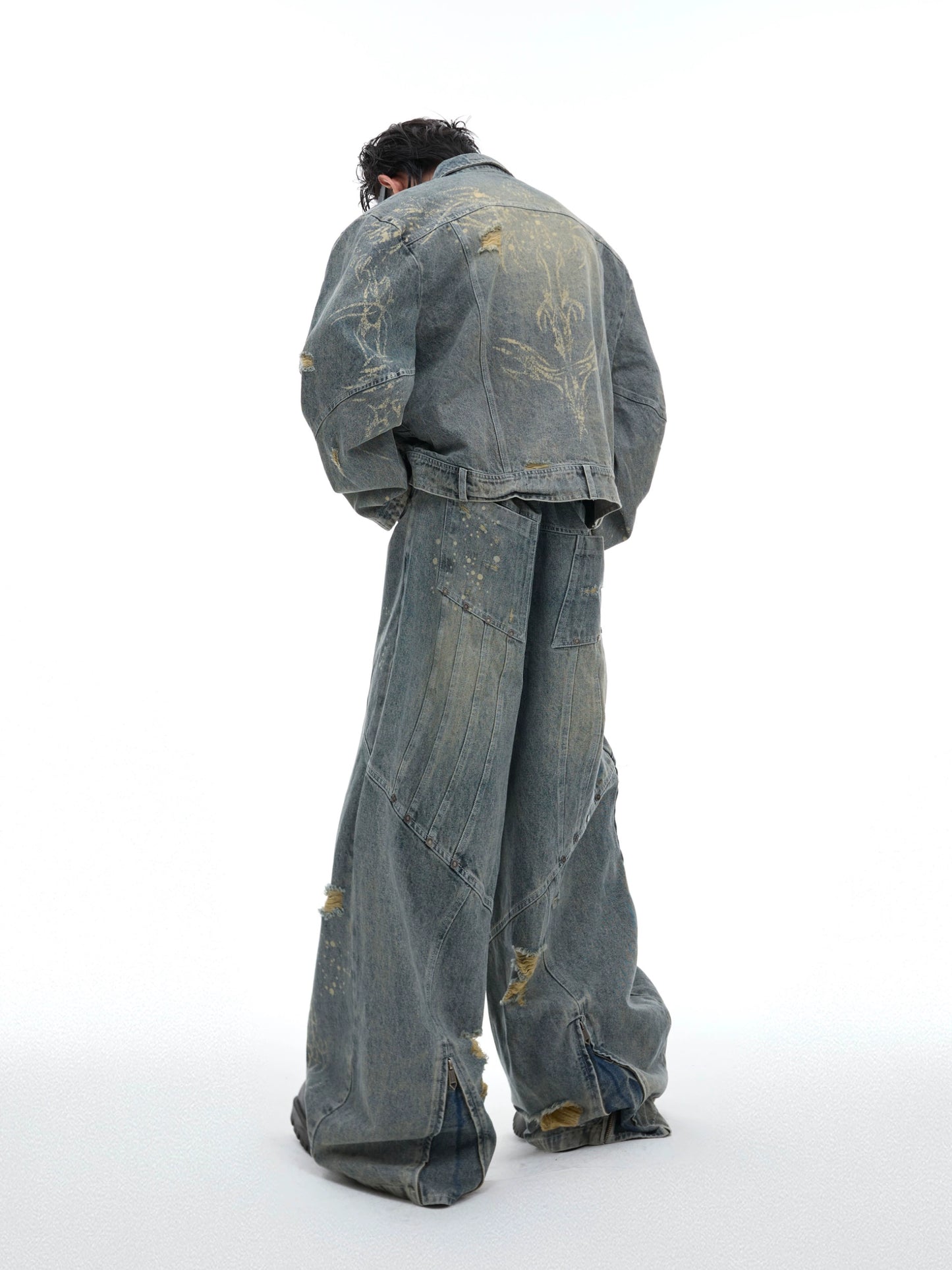 Heavy-Duty Washed Denim Jacket & Wide Leg Denim Jeans WN8669