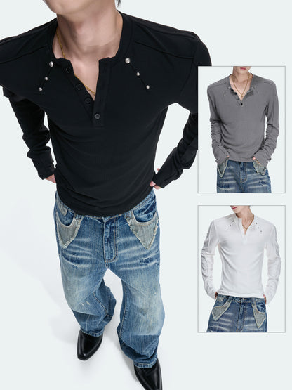 Henley Neck Rivet Stretch Long Sleeve T-Shirt WN27046