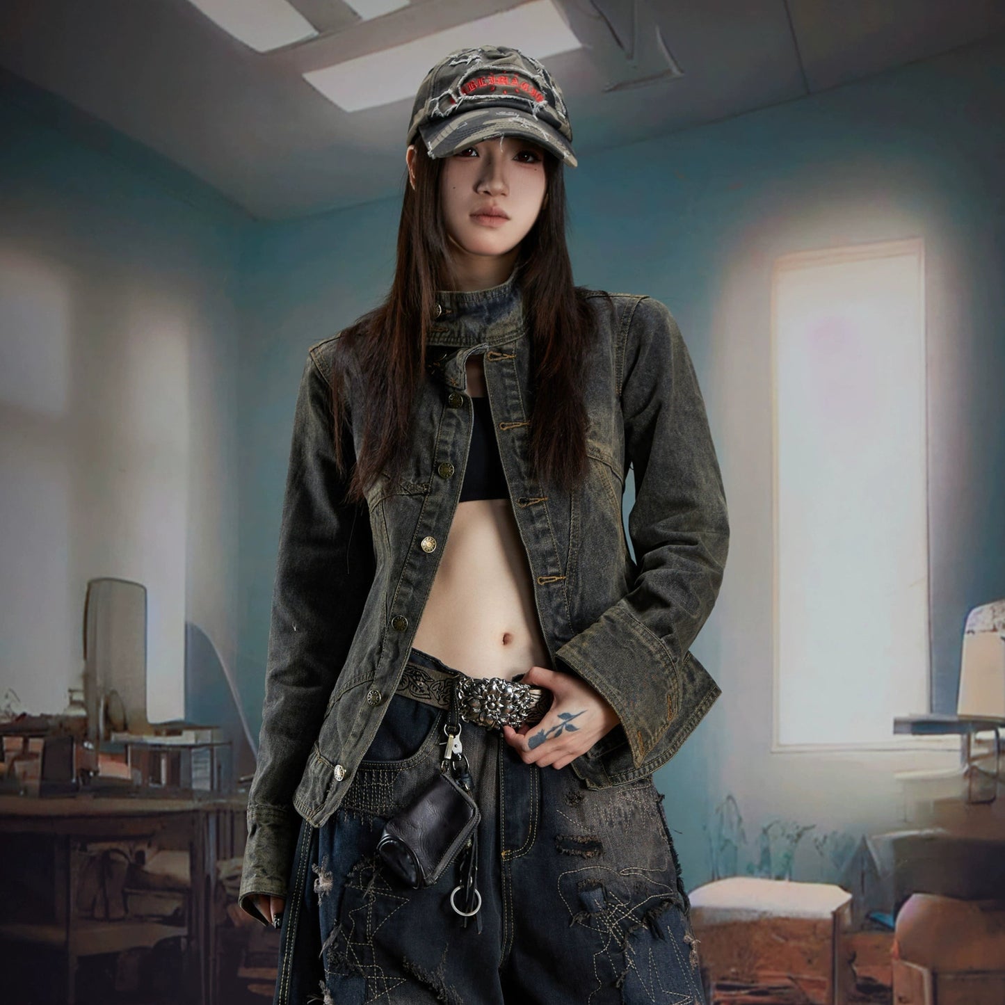 Washed Stand Neck Denim Jacket WN21344