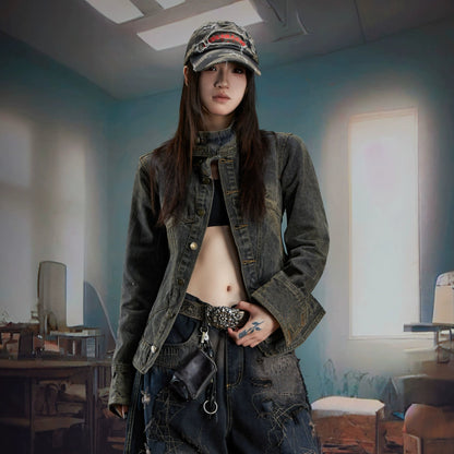 Washed Stand Neck Denim Jacket WN21344