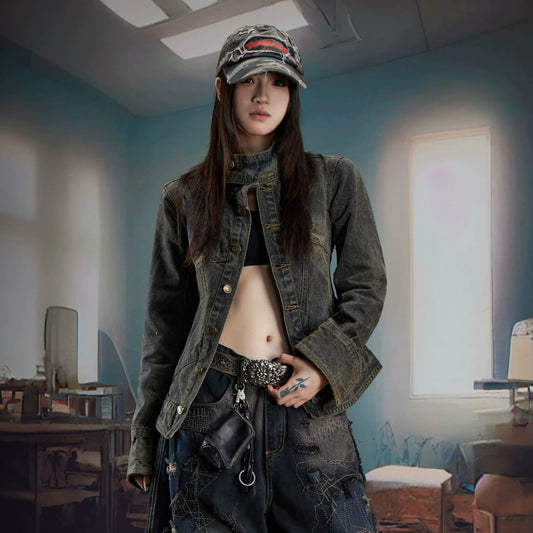 Washed Stand Neck Denim Jacket WN21344