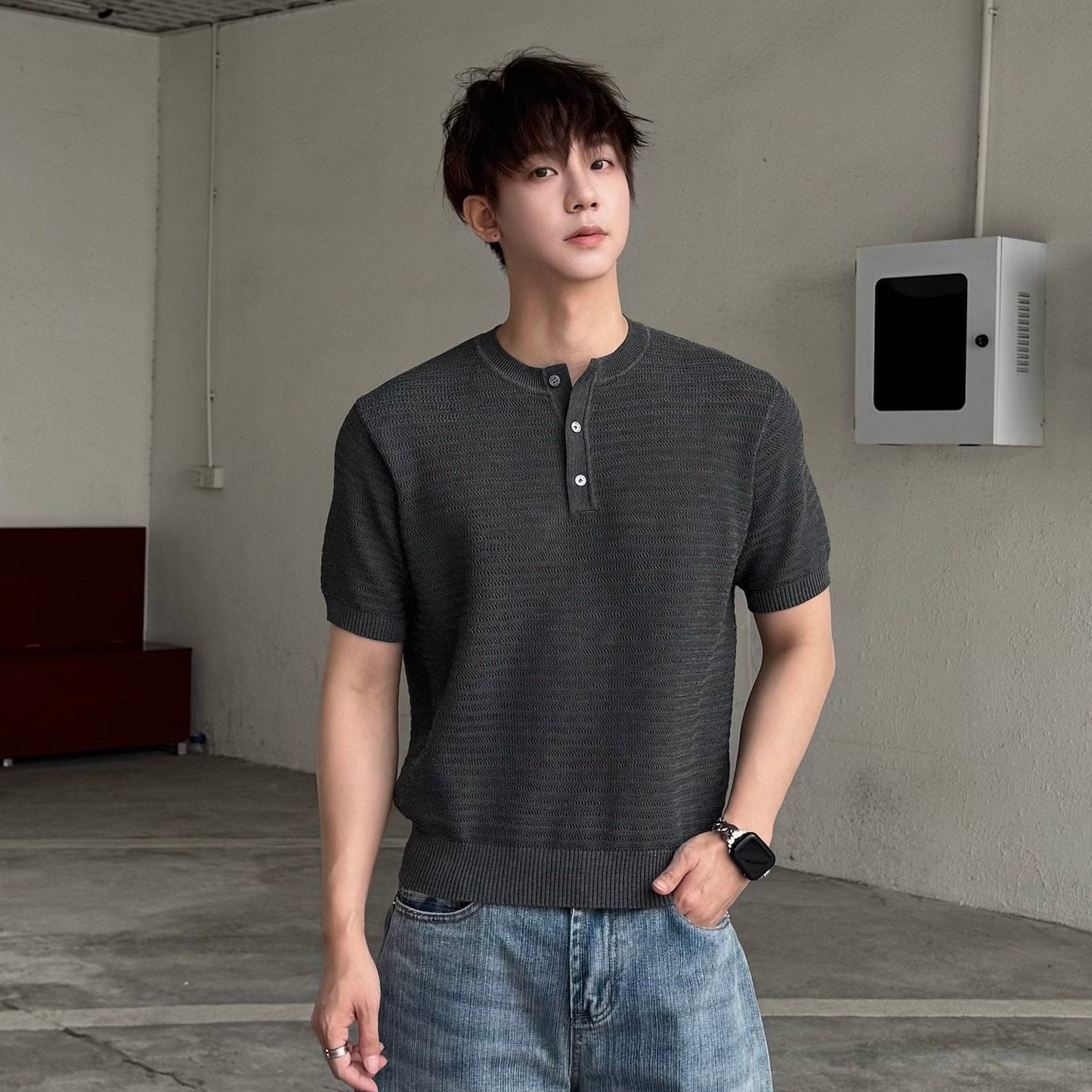 Openwork Texture Henley Neck Slim Knit T-shirt WN25249