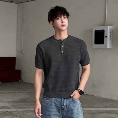 Openwork Texture Henley Neck Slim Knit T-shirt WN25249