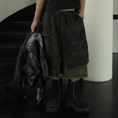 Camouflage Fake Layered Damage Frayed Wide Leg Cargo Half Pants WN28056