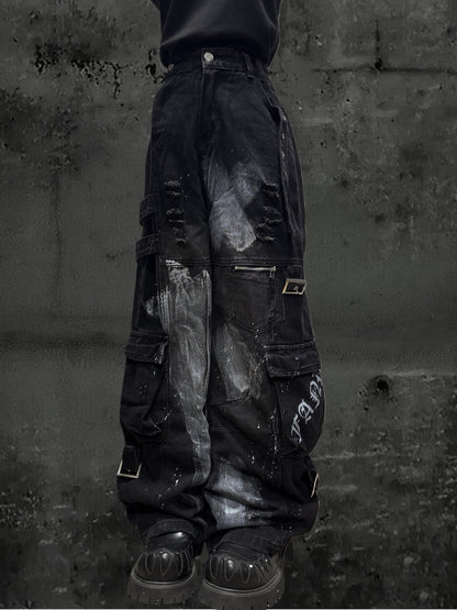 Paint Splash Cargo Wide Leg Pants & Skull Belt & Belt Chain WN23815