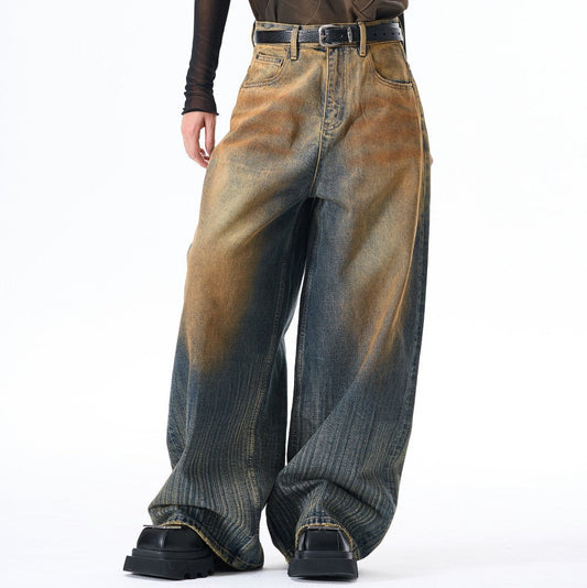 Mud Dye Washed Whisker Wide Leg Denim Jeans WN27904