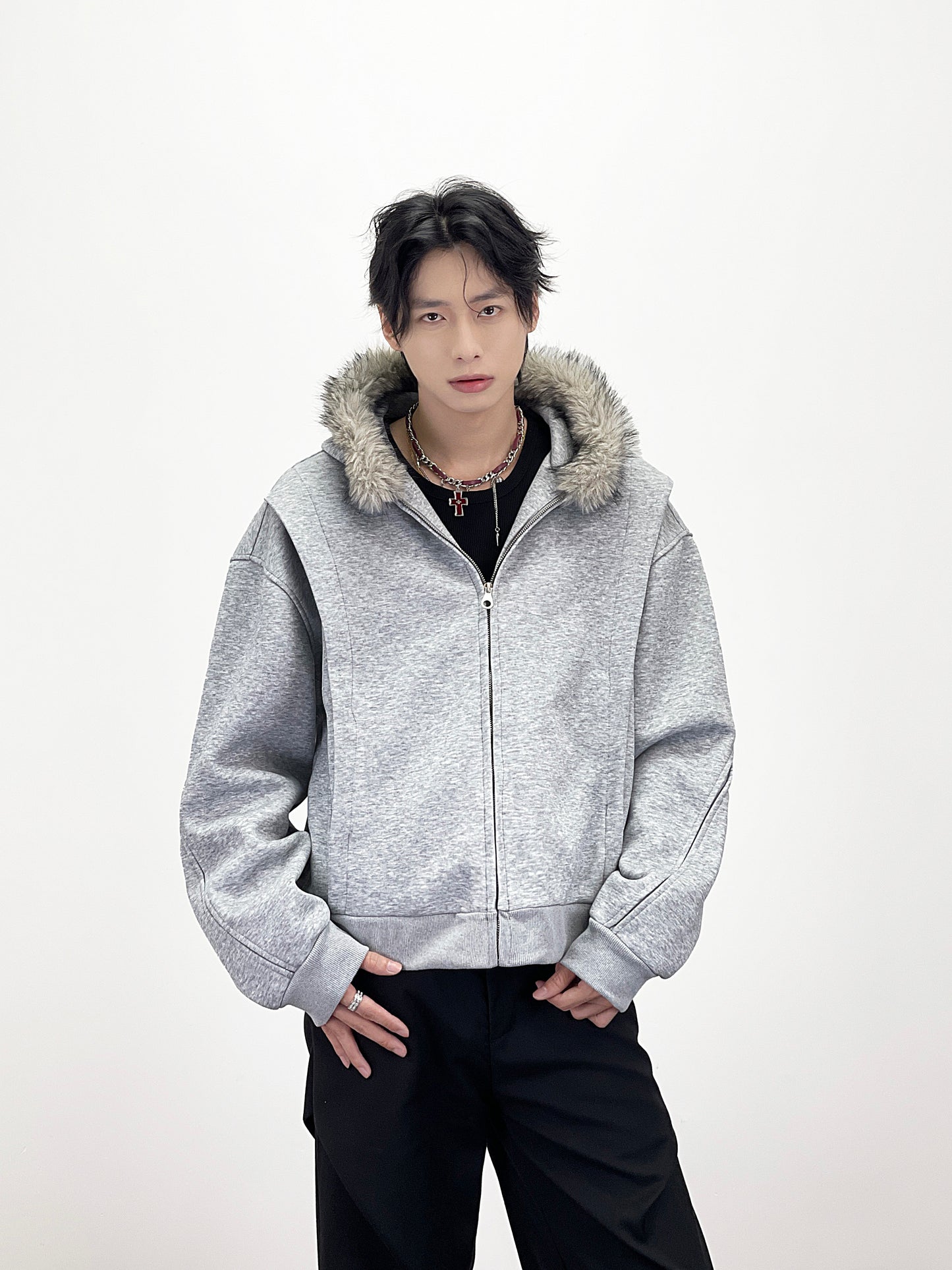 Fake Fur Collar Deconstructed Short Length Oversize Hoodie WN24236