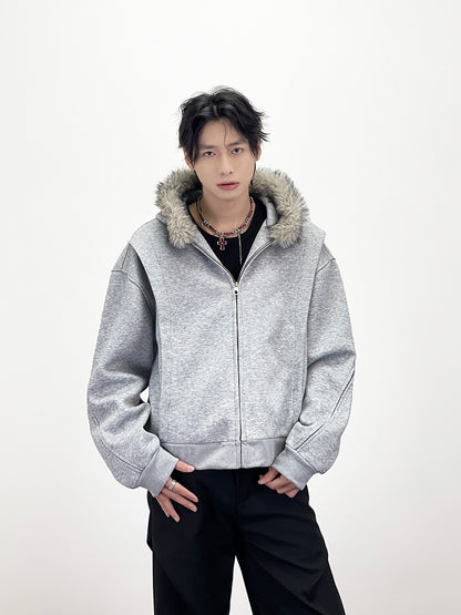 Fake Fur Collar Deconstructed Short Length Oversize Hoodie WN24236