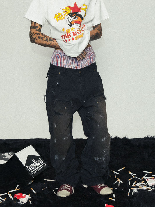 Knee Stitch Damage Heavy Wash Paint Wide Leg Pants WN17236