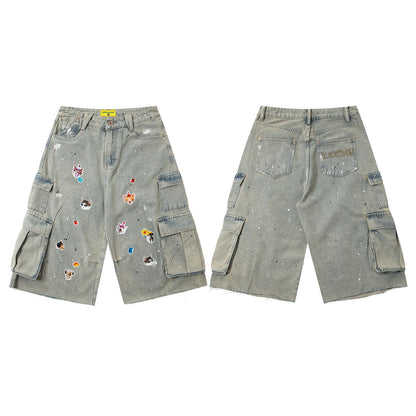 Sticker Paint Cargo Half Denim Jeans WN26747