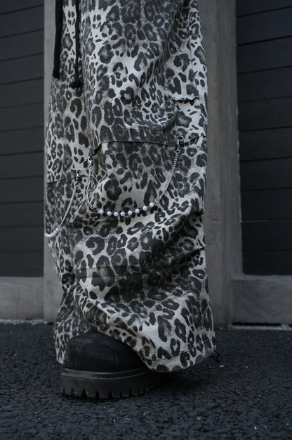 Leopard Studs Chain Detail Wide Leg Cargo Pants WN28012