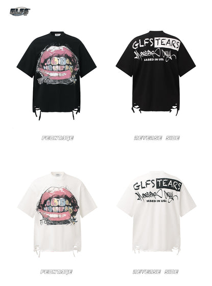 Graffiti Lip Print Damage Short Sleeve T-Shirt WN26521
