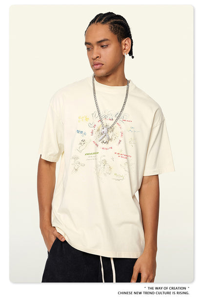 Washed Angel Print Round Neck Short Sleeve T-Shirt WN7833