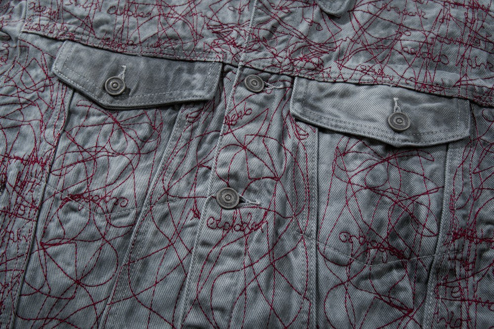 All-Over Random Stitch Embroidery Oversize Denim Jacket WN27865