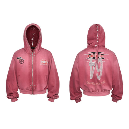 Graphic Print Zipper Hoodie & Washed Eyelet Pants Setup WN20837