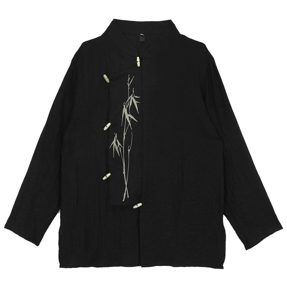 Standing-Collar Asymmetrical Embroidery Long Sleeve Shirt WN20153