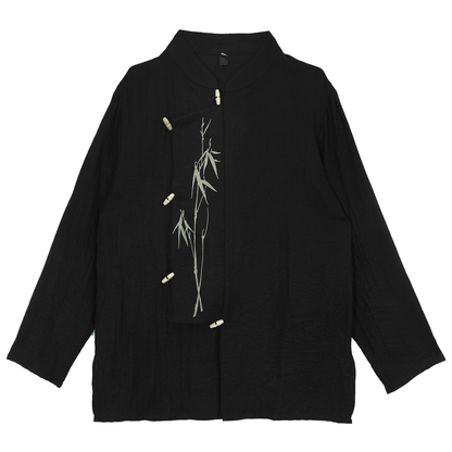 Standing-Collar Asymmetrical Embroidery Long Sleeve Shirt WN20153