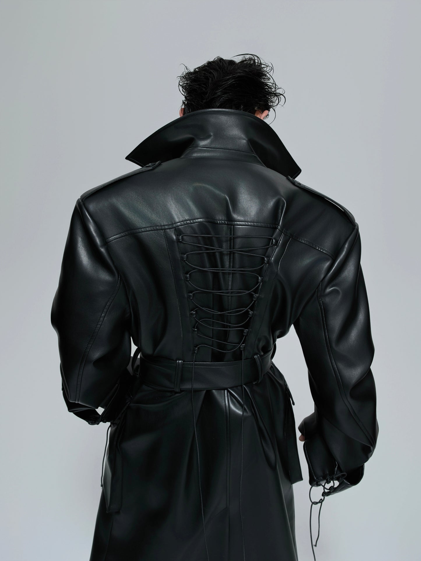 Deconstructed Shoulder-Pad PU Leather Coat WN21707