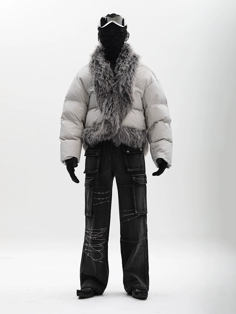 Multi-Pocket Embroidery Wide Leg Straight Cargo Denim Jeans WN18626