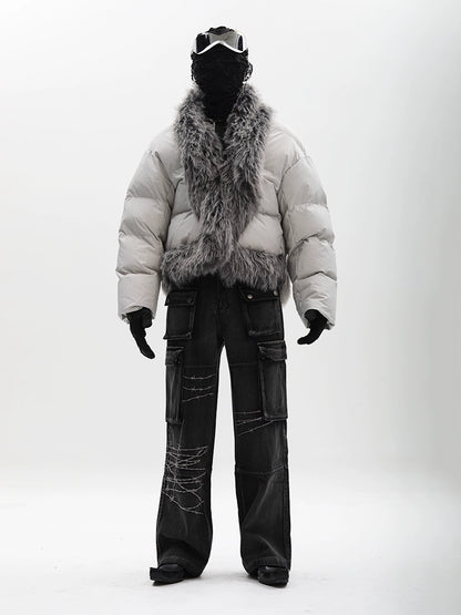 Multi-Pocket Embroidery Wide Leg Straight Cargo Denim Jeans WN18626