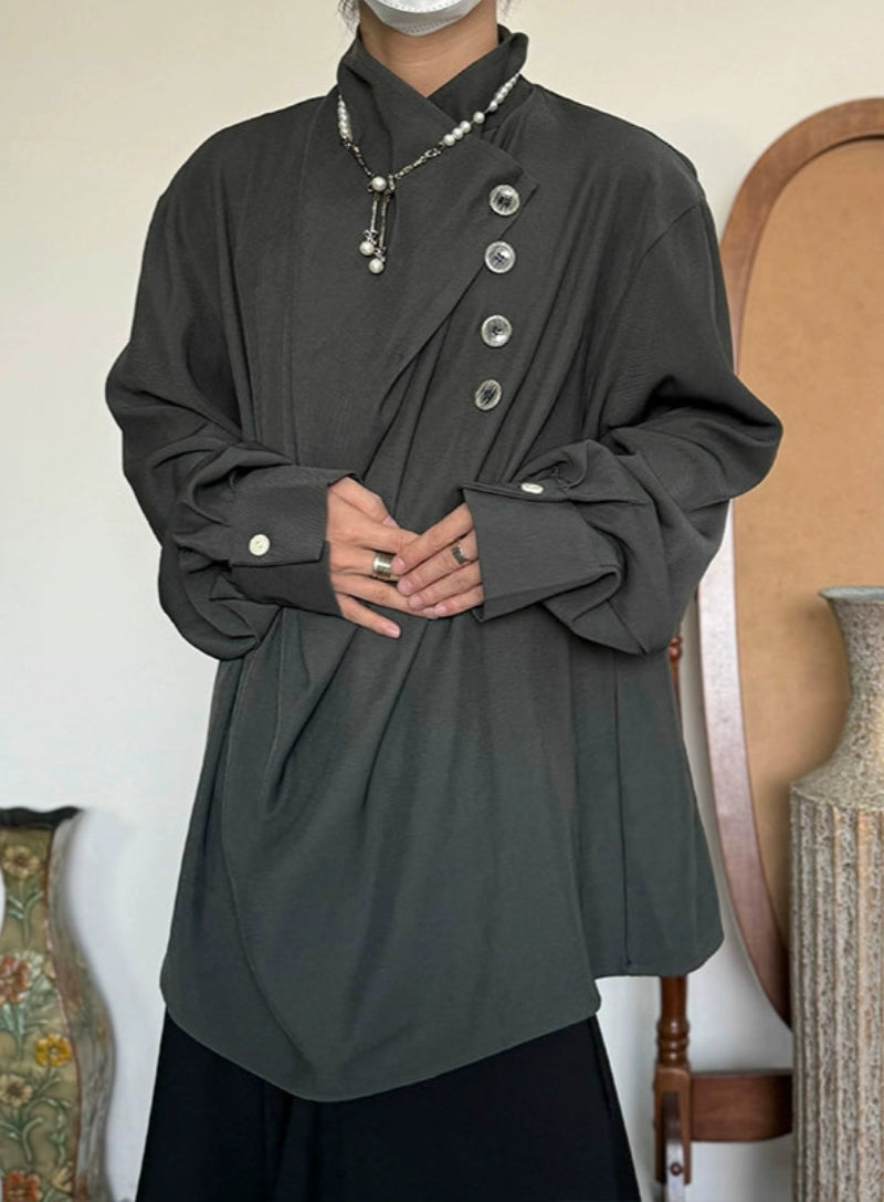 Standing-Collar Irregular Neckline Elegant Long Sleeve Shirt WN19983