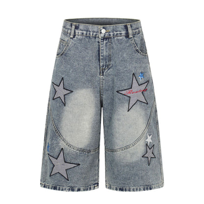 Star Patch Embroidery Denim Wide Leg Half Pants WN25693