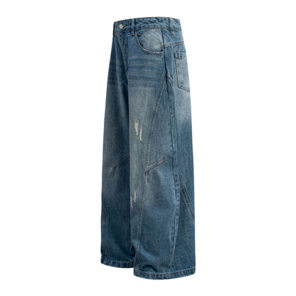 Washed Panel Design Wide Leg Denim Jeans WN26125