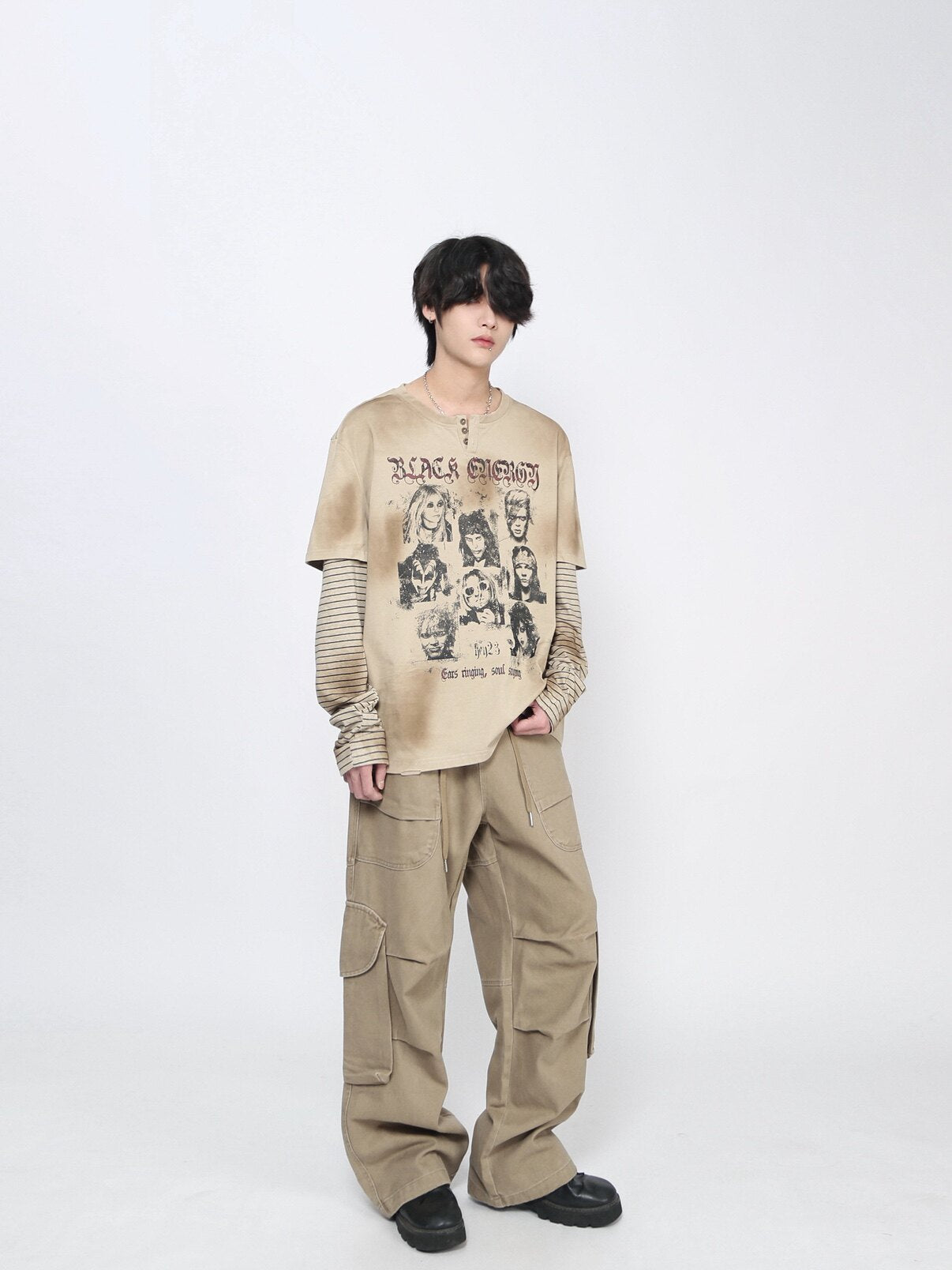Oversize Portrait Graphic Fake Layered Long Sleeve T-Shirt WN24426