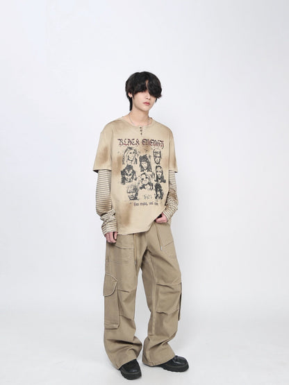 Oversize Portrait Graphic Fake Layered Long Sleeve T-Shirt WN24426