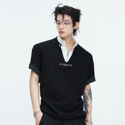 Fake Layered Stand Neck Boxy Short Sleeve T-Shirt WN26981